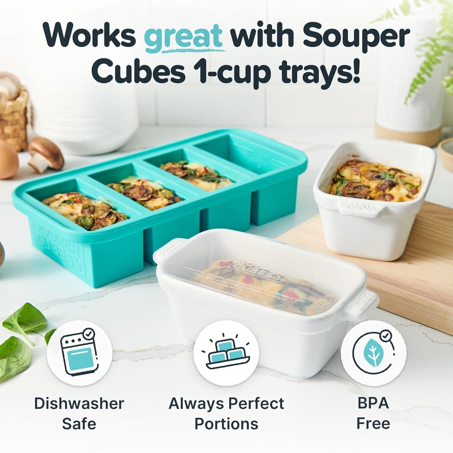 Souper Cubes Stoneware - Small 5" x 3" Ceramic Baking Dish Set of 4 with Silicone Covers | Ideal for Reheating Single Servings - White