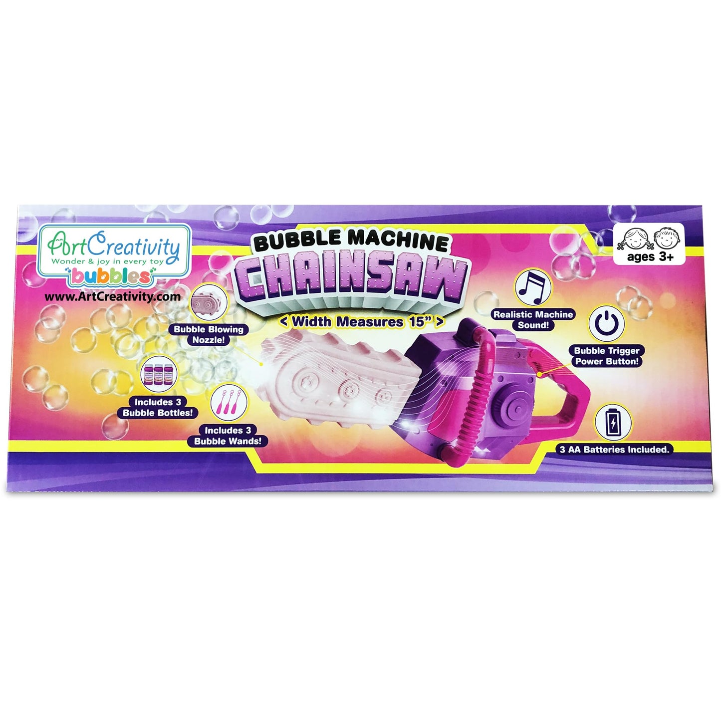 ArtCreativity Bubble Chainsaw for Kids, Electronic Bubble Blower Machine with Bubble Solution Included, Bubble Machine with Realistic Sound, Outdoor Girls Toy Ages 1 2 4 5 6 7 8