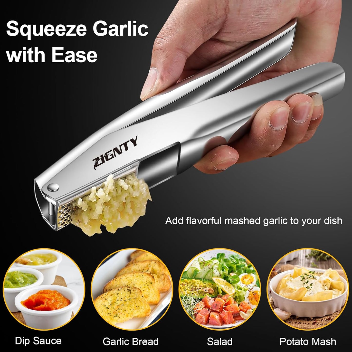 Skiennix Garlic Press - Premium Stainless Steel Mincer Tool with Ergonomic Handle | Rust Proof & Dishwasher Safe