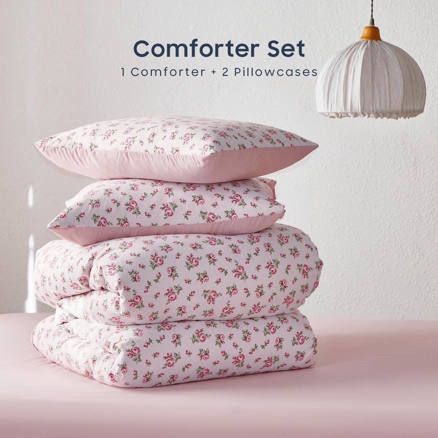 Wake In Cloud - Floral Comforter Set, Coquette Cottagecore Aesthetic Flower Shabby Chic Pattern for Women Teen Girls, Soft Lightweight Bedding, 3 Pieces, Pink, Twin/Twin XL Size