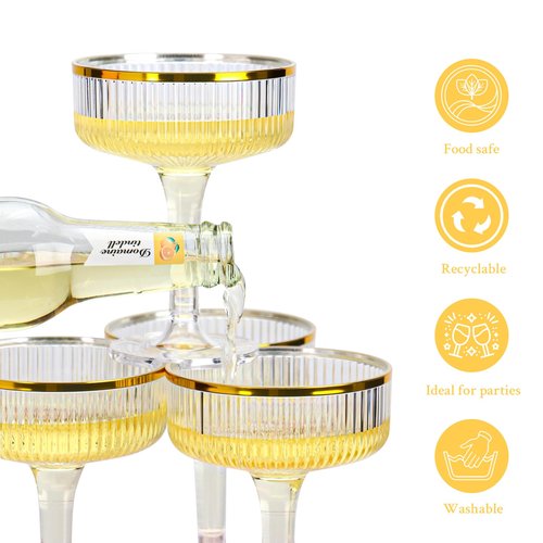 30 Pack Clear Champagne Tower Glasses 7OZ Plastic Martini Glasses Champagne Coupe Glass Cocktail Glass with Gold Rim Champagne Flutes Stackable Stemmed Coupe Glass for Weddings Birthday Party