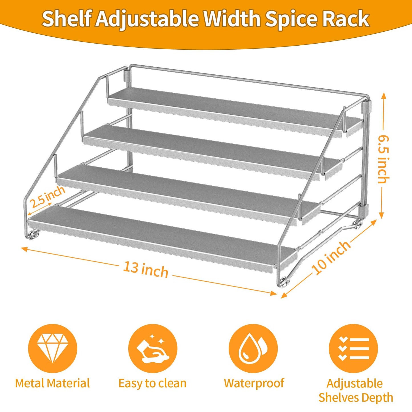 BOIVSHI 4 Tier Spice Rack for Cabinet, Spice Rack Organizer, Depth Adjustable Spice Organizer for Countertop, Cupboard, Pantry, Seasoning Shelf, Metal, Gray (1 Pack)