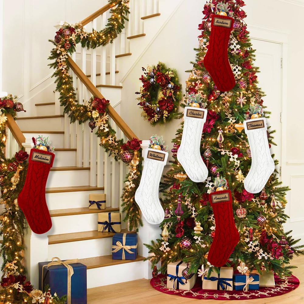 XOYTN 6 Pack Personalized Christmas Stockings, 18in Large Knitted Xmas Hanging Stocking Set Decoration with Leather Patches Custom Name for Holiday Christmas Family Decor (Red and White)
