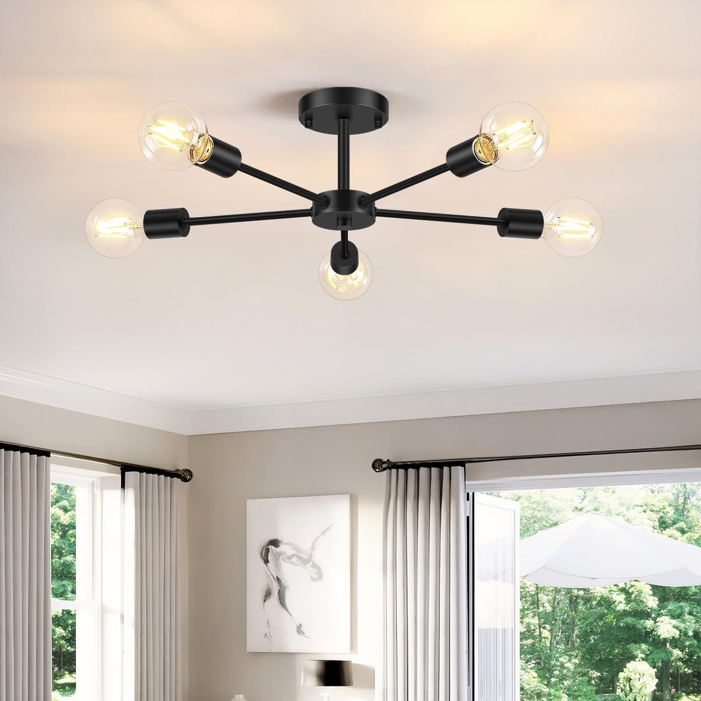 Lomoky 5-Lights Black Semi Flush Mount Ceiling Light, Hallway Light Fixtures Ceiling with E26 Base, Modern Sputnik Light Fixtures for Kitchen Bedroom Living Room