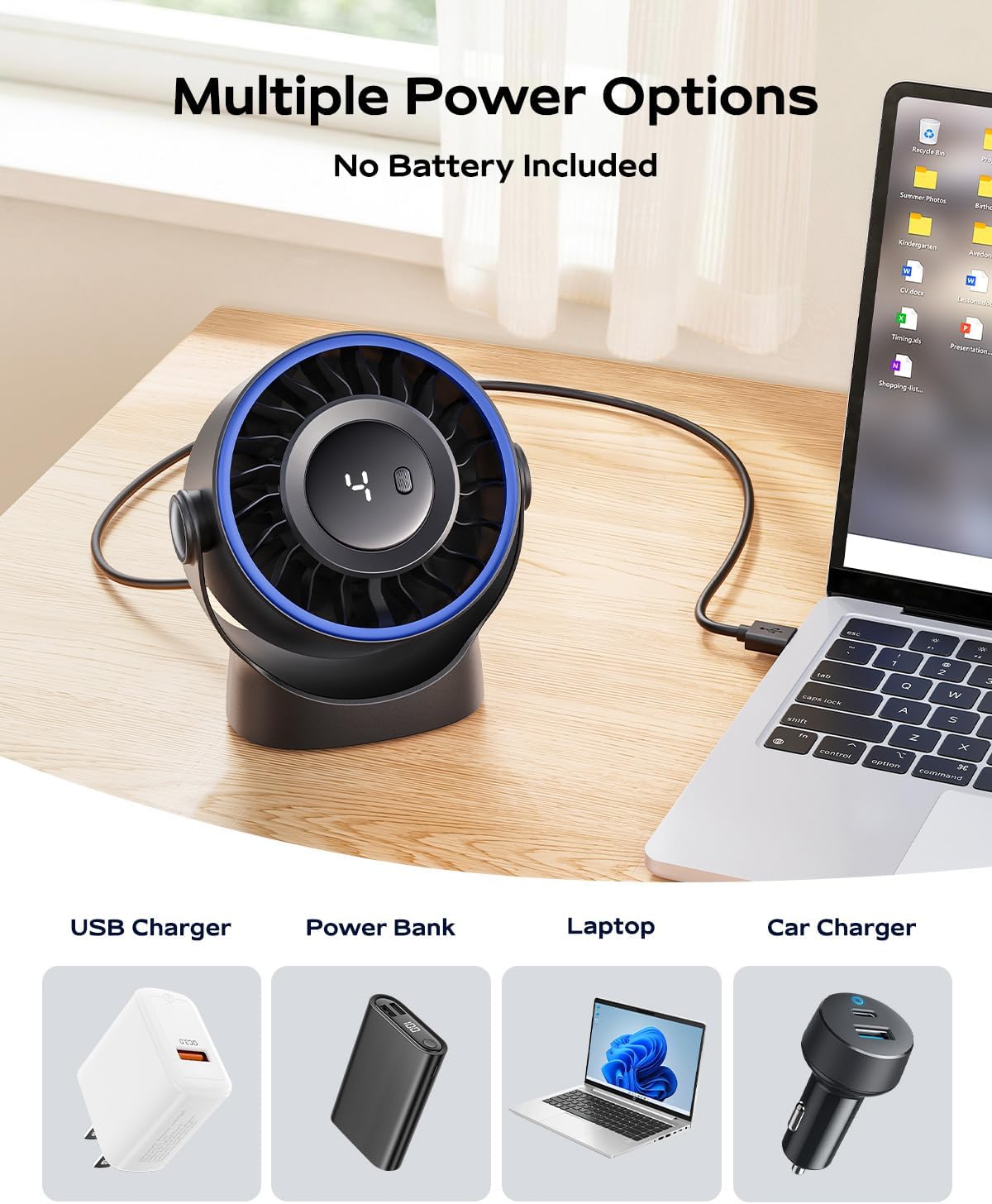 Sweetfull USB Small Desk Fan - 5-Inch Mini Personal Fan with 4 Speeds & 360° Adjustable Tilt | Quiet & Portable for Home, Office, Travel - Black