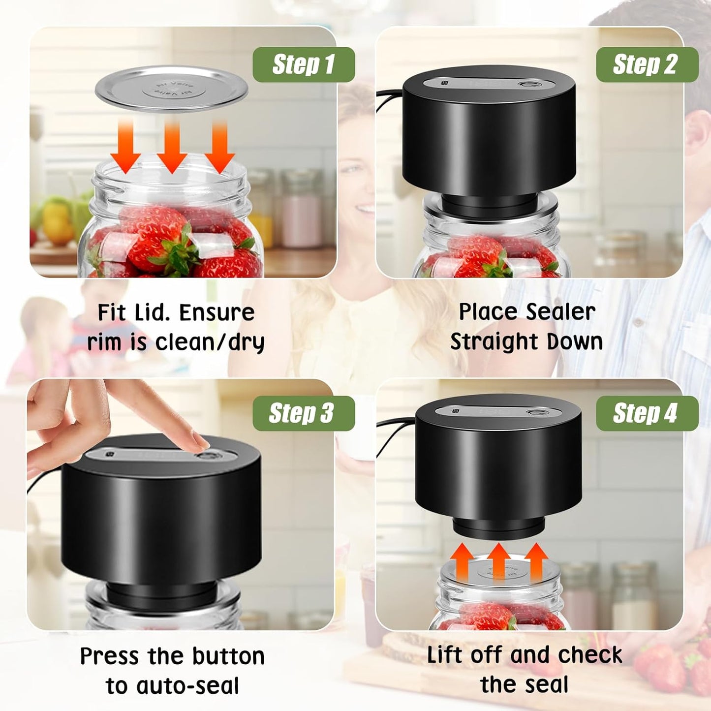 Skiennix Electric Mason Jar Vacuum Sealer Kit - Automatic Food Storage Sealing Machine | Cordless, Compatible with Wide & Regular Mouth Jars