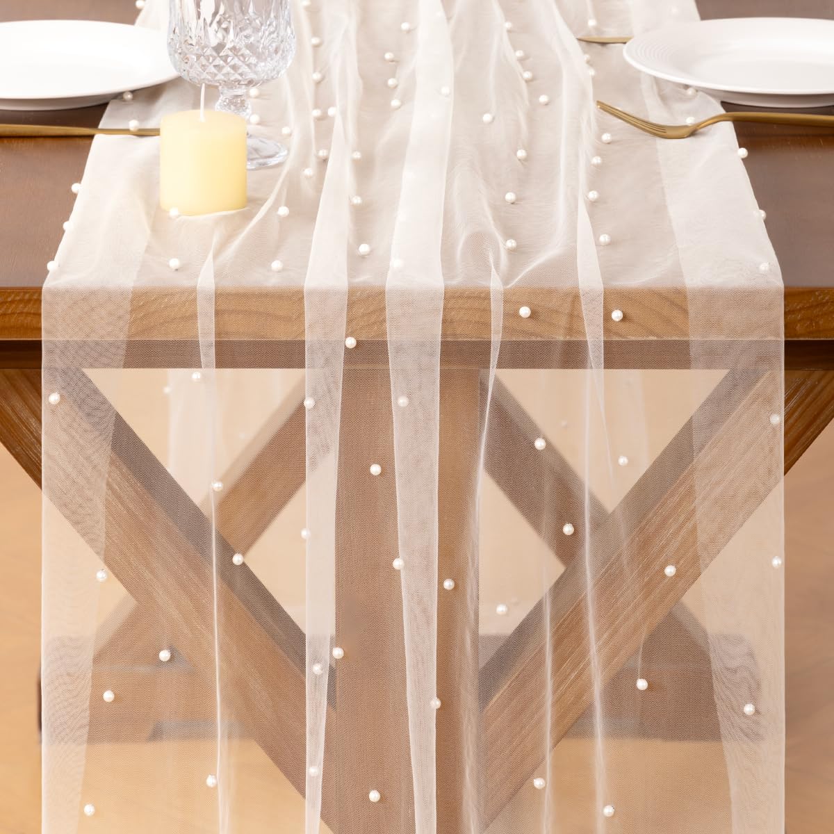 Socomi Pearl Table Runner Tulle Ivory White Spring Easter Cheesecloth 10FT Gauze Dining Wedding Birthday Party Baby Shower Anniversary Holiday Centerpiece Table Decor