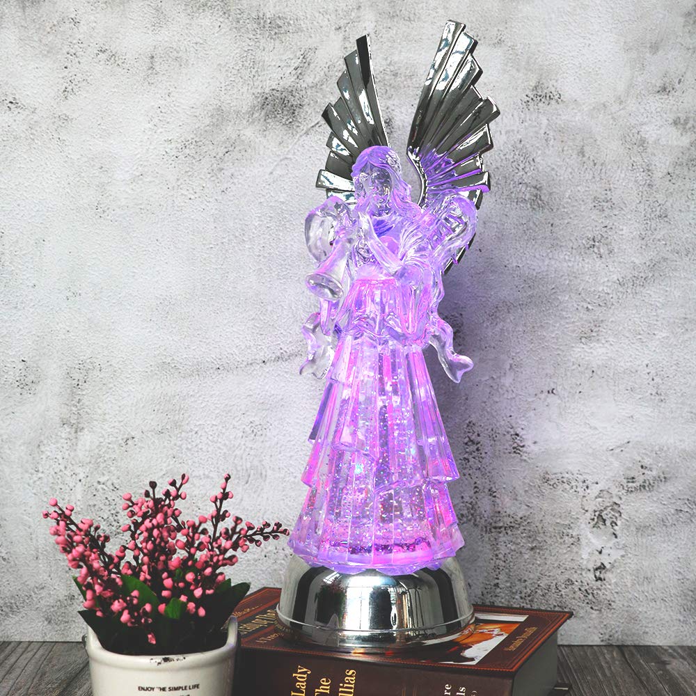 Eldnacele 14" Christmas Snow Globe Water Glittering Angel Figurine, Battery Operated Color Changing Angel Statue Light for Tabletop Deocration, Angel with Trumpet from Daughter