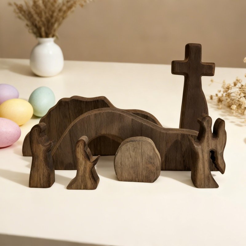 FESTGLOX Empty Tomb Easter Scene for Christian Decoration, Wooden Easter Resurrection Scene with Cross for Religious Display, Nativity Jesus Tomb Set for Home Office Tabletop Tray, Shelf Decor