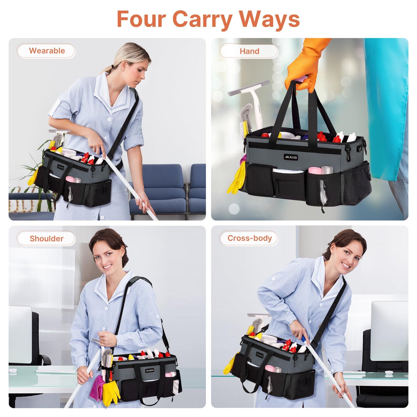 JKAOO Large Wearable Cleaning Caddy Bags,Cleaning Supplies Storage Bag with Handles and Adjustable Shoulder Strap and Removable Waist Straps,Waterproof Cleaning Bags for Home,Car,Office (Gray)