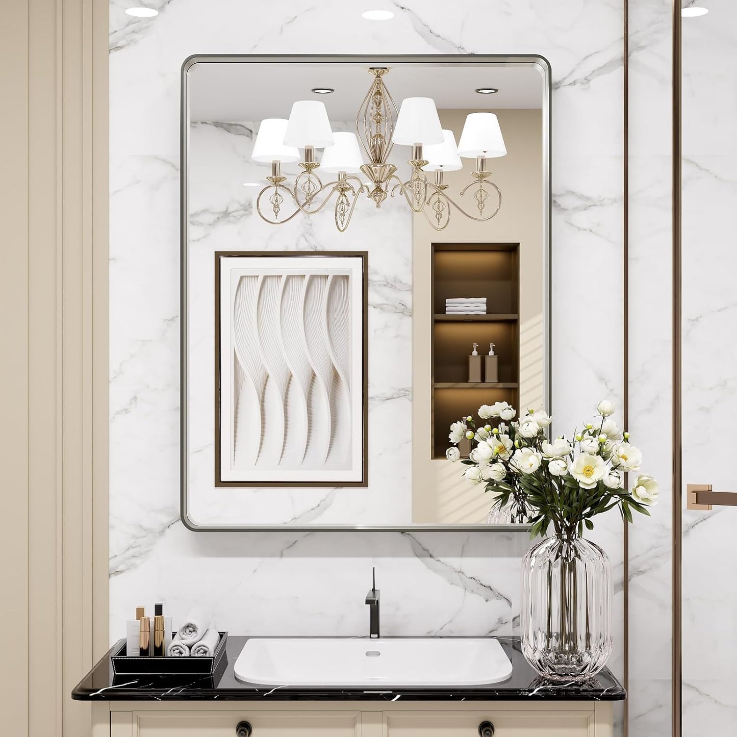 LOAAO Brushed Nickel Bathroom Mirror - 28X36 Inch Rounded Rectangle Design, Anti-Rust & Shatterproof