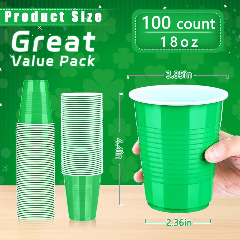 Dualshine 100 Pack Green Plastic Cups 18 oz, Disposable Heavy Duty Drinking Cups for St Patrick's Day, Graduation Cup for Christmas Wedding Birthday Beer Taste Serving Snack Sample Tastings Barbecues
