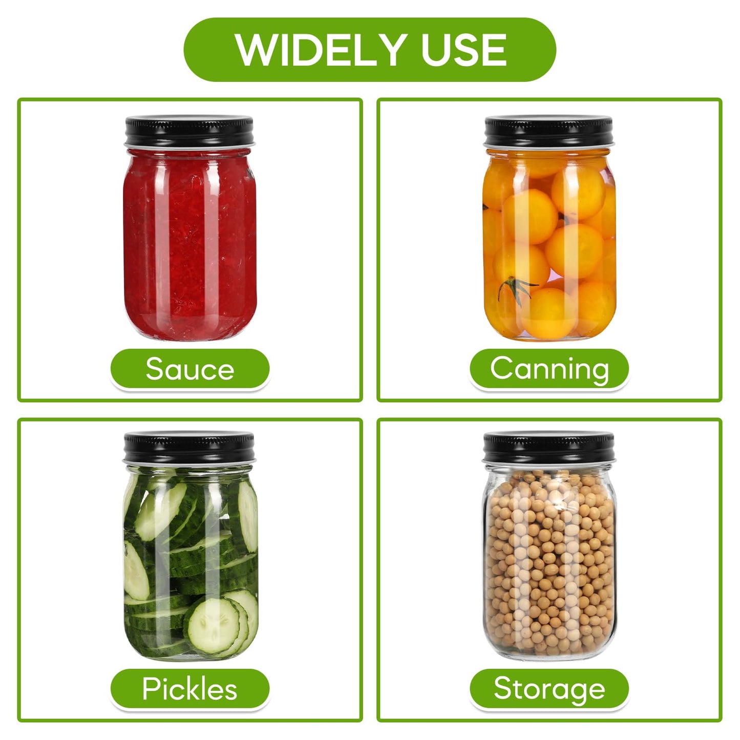 Mcupper Mason Jars 16 oz with Black Lids, 15 Pack Canning Jars, Clear Regular Mouth Glass Jars for Canning and Fermenting, Labels & Brusher Included - Microwave & Dishwasher Safe