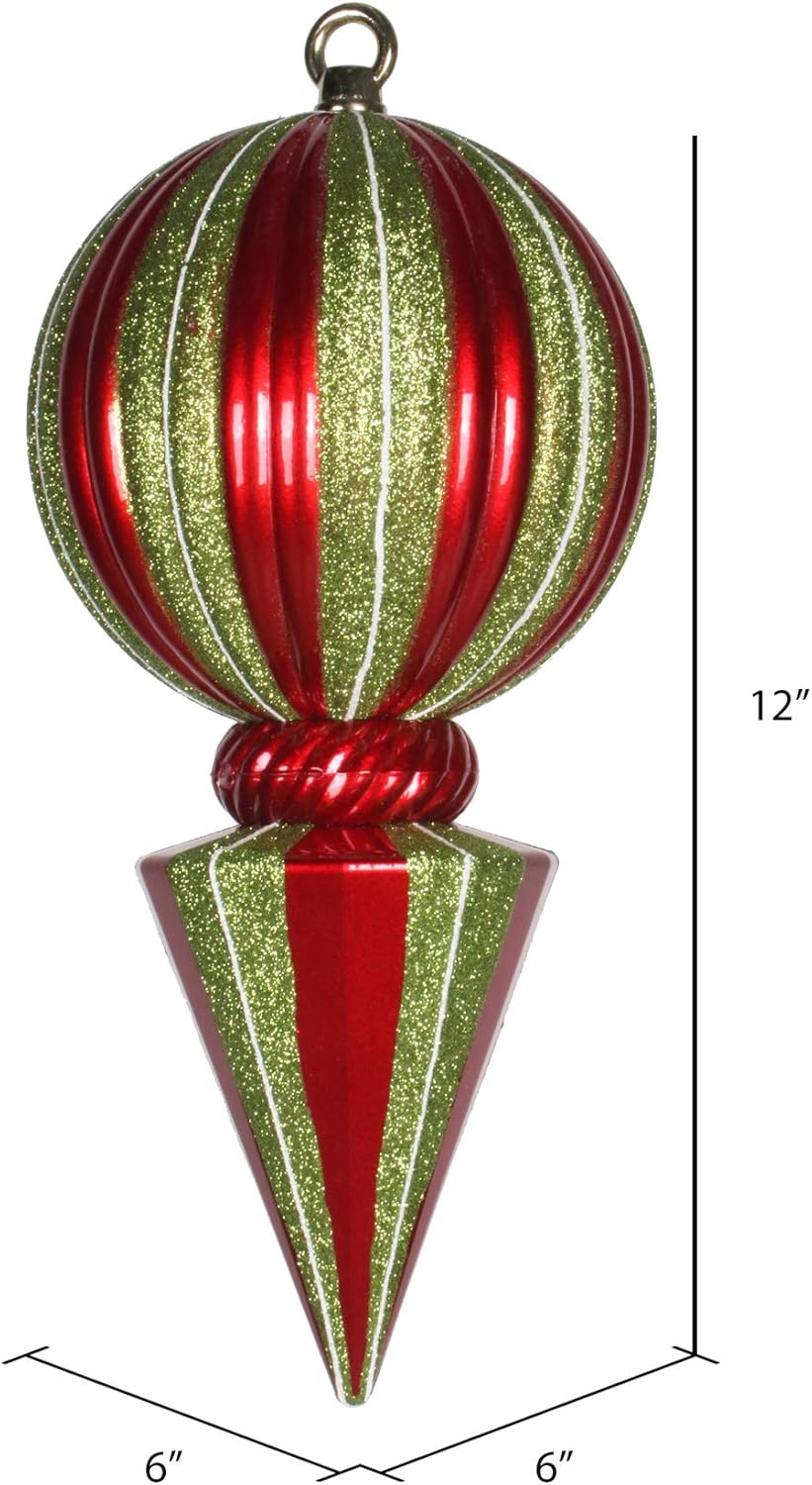 Shatterproof Red & Lime Striped Christmas Ornament - 12" Glitter Ball Finial for Holiday Trees
