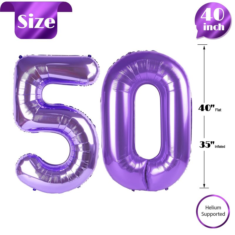 Purple Number 50 Balloon 40 Inch, 50th Birthday Party Decorations for Children, Giant 50 Foil Balloon for Party Supplies