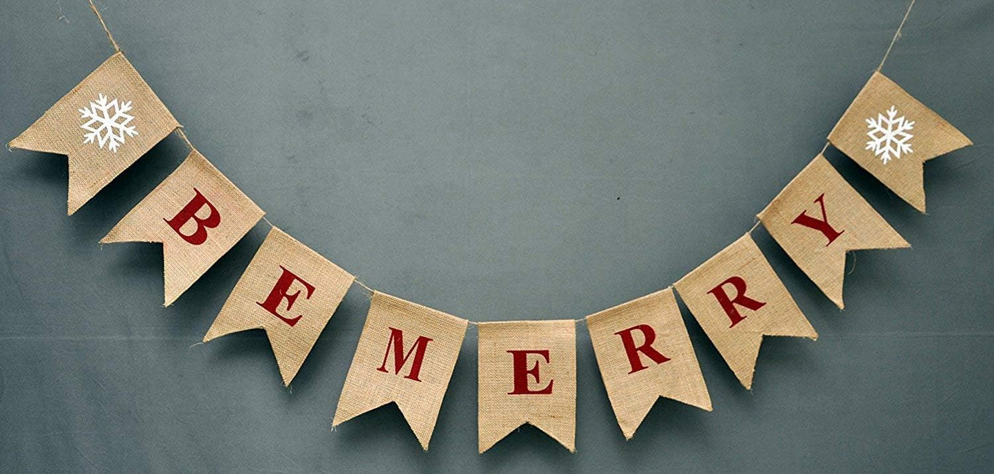 Be Merry Burlap Christmas Banner - Snowflake Garland Holiday Bunting for Home & Outdoor Decor