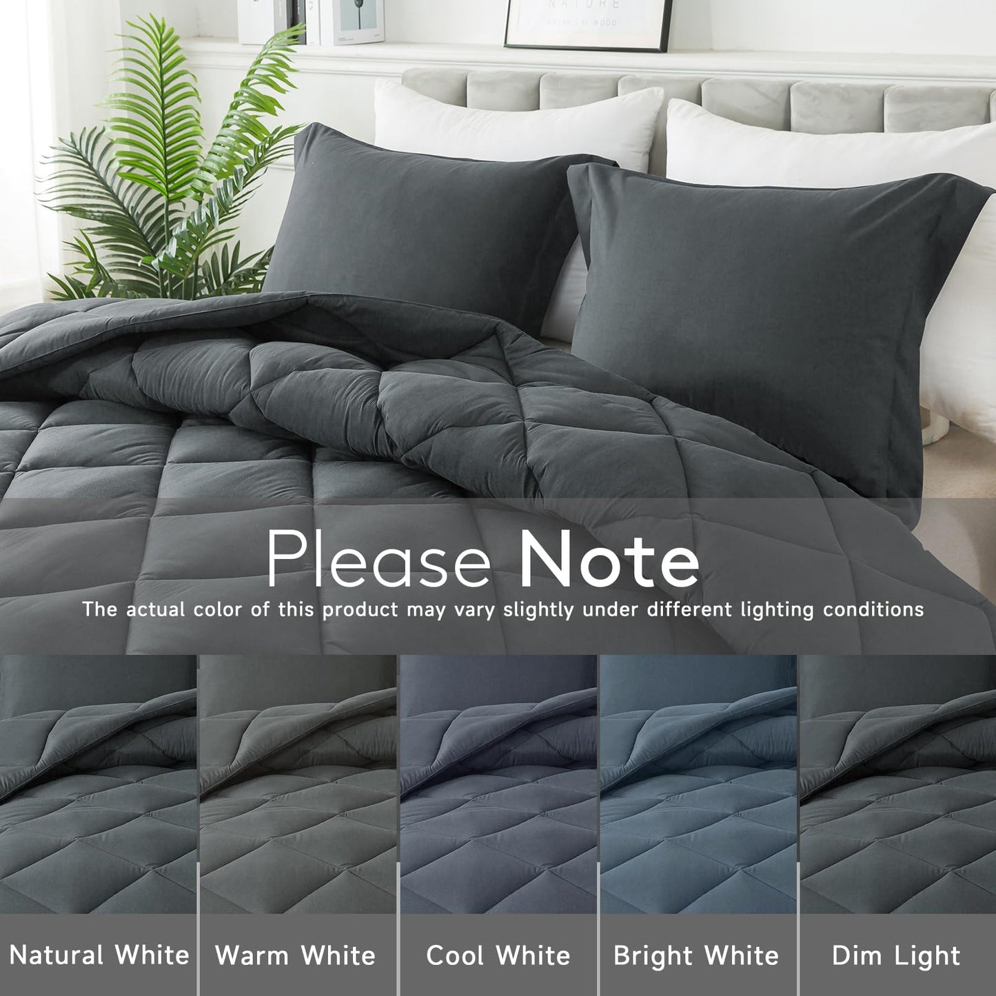 HYLEORY California King Size Comforter Set with 2 Pillow Shams - Down Alternative Bed Comforters Bedding Sets for All Season - Lightweight - Machine Washable - Dark Grey