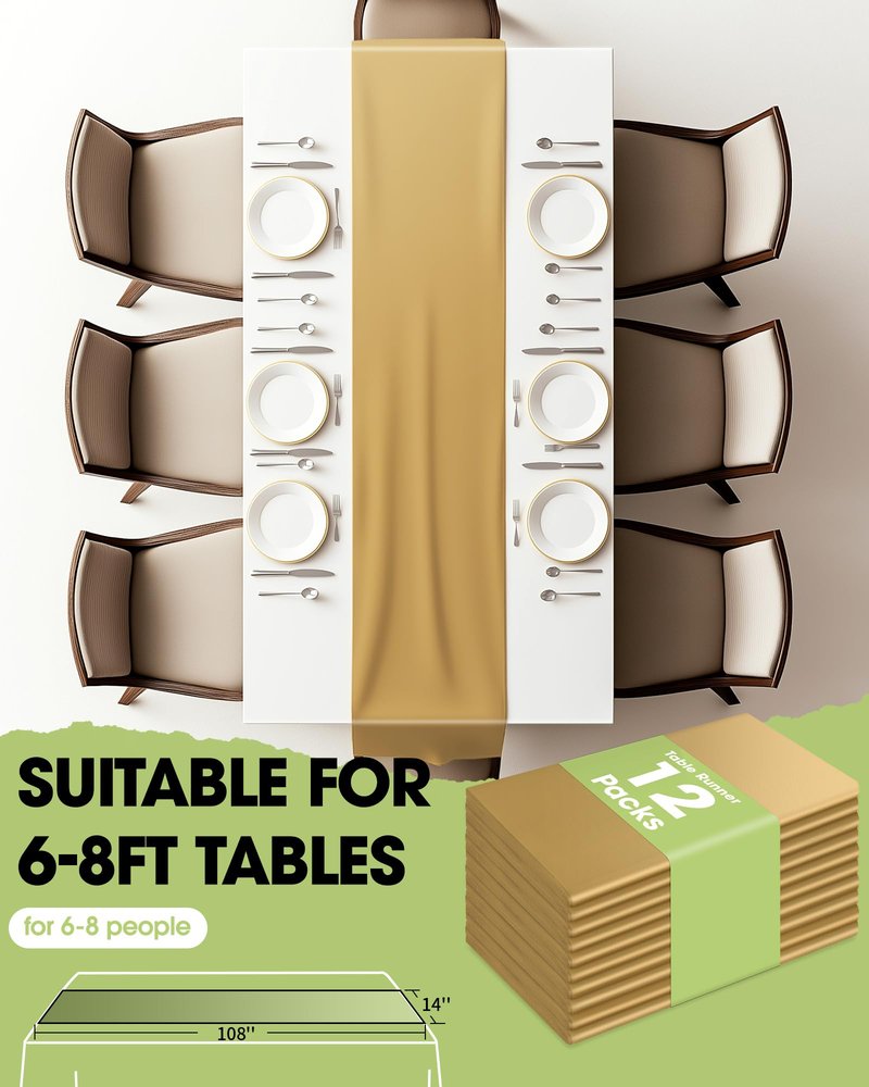 Pureegg Gold Plastic Table Runners - 12 Pack, 14'' x 108'', Water Resistant & Disposable Centerpiece Decorations for Table Cloth, Wedding, Birthday, Holiday, Baby Shower, Party, Home Decor