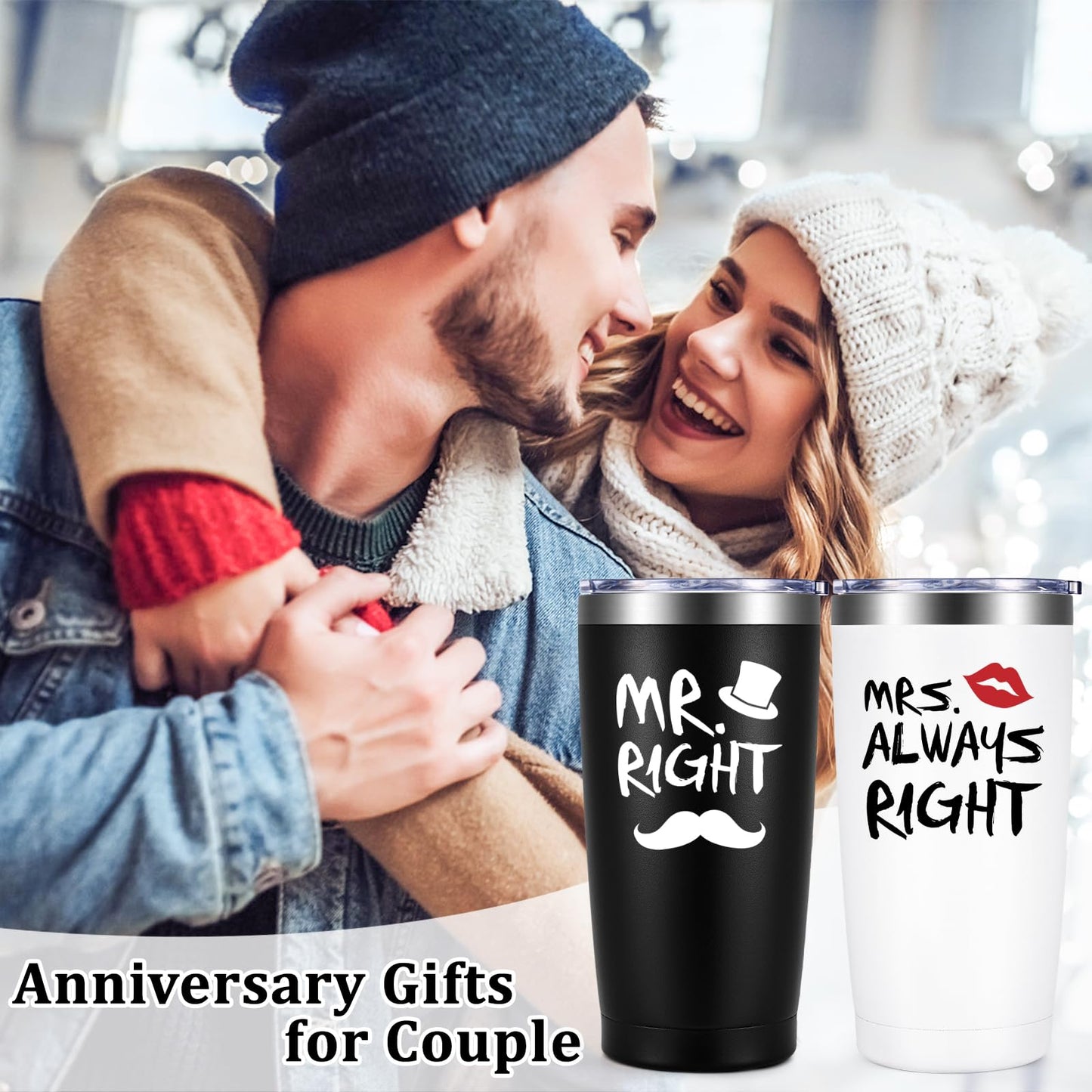 Mr. Right Mrs. Always Right Travel Tumbler Set, Wedding Engagement Gifts for Husband Wife Newlywed Couples Bride Groom Anniversary Bridal Shower, 20oz Stainless Steel Travel Tumbler, Black and White