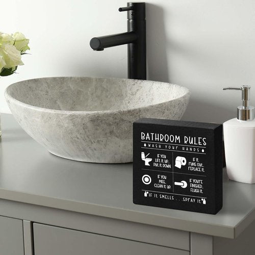 Funny Restroom Sign by Rustic Home Decor - Black Wooden Box with Bathroom Rules | Perfect Gift for Thanksgiving & Christmas