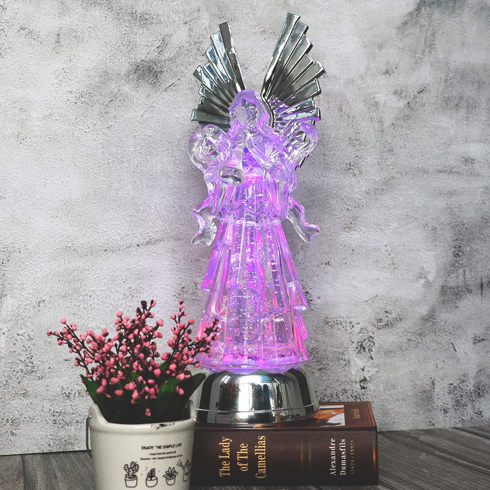 Eldnacele 14" Christmas Snow Globe Water Glittering Angel Figurine, Battery Operated Color Changing Angel Statue Light for Tabletop Deocration, Angel with Trumpet from Daughter