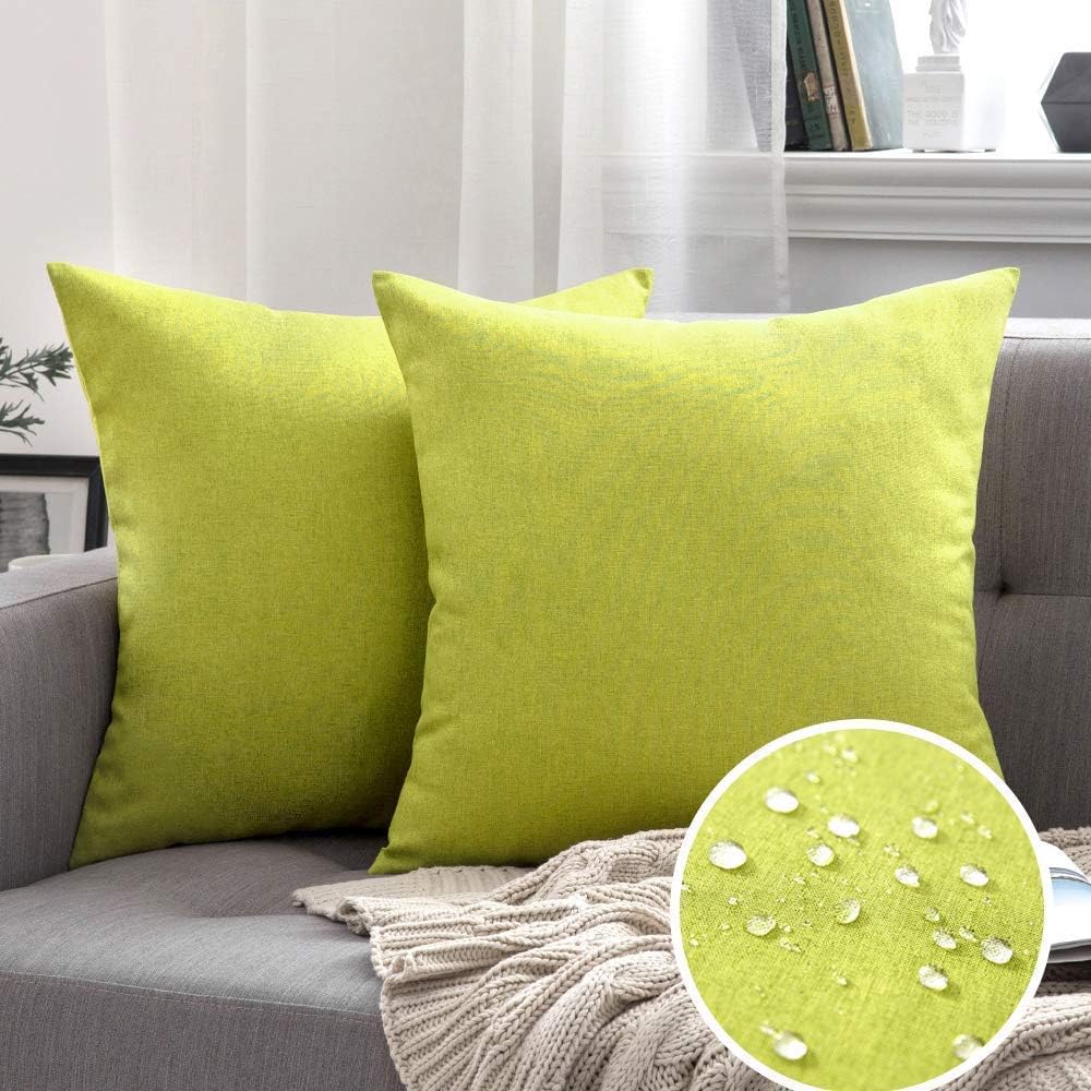 MIULEE Decorative Outdoor Throw Pillow Covers - Waterproof Faux Linen Cushion Cases | 24x24 Inch Green, Set of 2