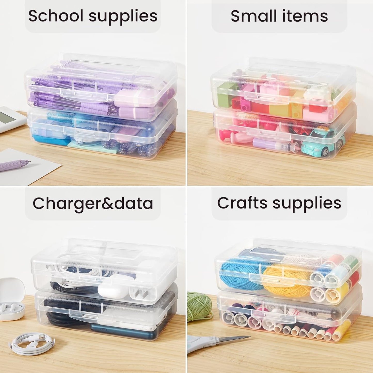 Sooez Plastic Pencil Case Box - 6 Pack Large Crayon Organizer with Snap Lids | Clear Stackable Craft Storage