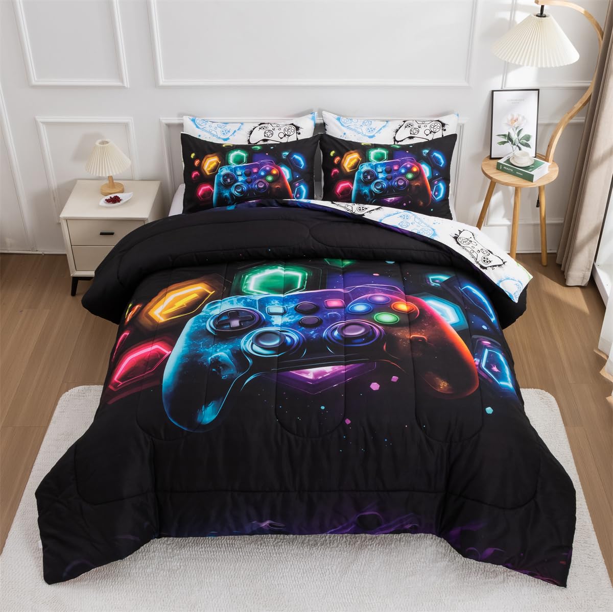 NTBED Game Console Comforter Set for Boys Girls Kids Space Universe Gaming Geometric Lightweight Microfiber Gamer Bedding Sets (Multi, Full)