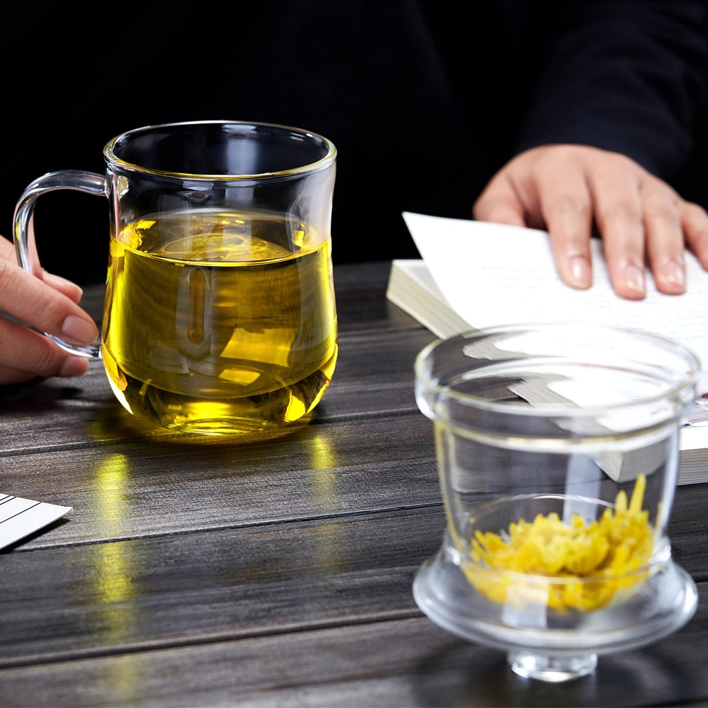 DOPUDO Glass Tea Cup with Infuser and Lid, 12oz/350ml Large Borosilicate Teacup, Clear Mug for Loose Leaf Tea, Birthday Gift for Tea Lover