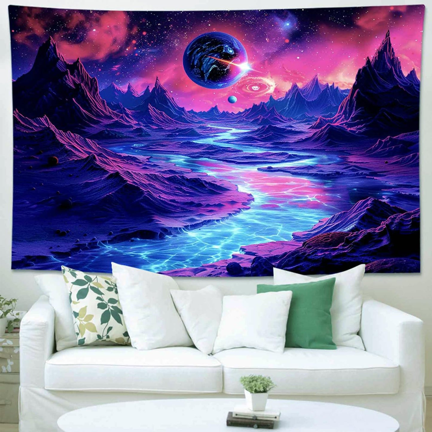 TUGCAY Blacklight Planet and Mountain River Tapestry Galaxy Space Tapestries UV Reactive Fantasy Nature Landscape Tapestry Wall Hanging for Room Home Decor(70.9"x90.6")