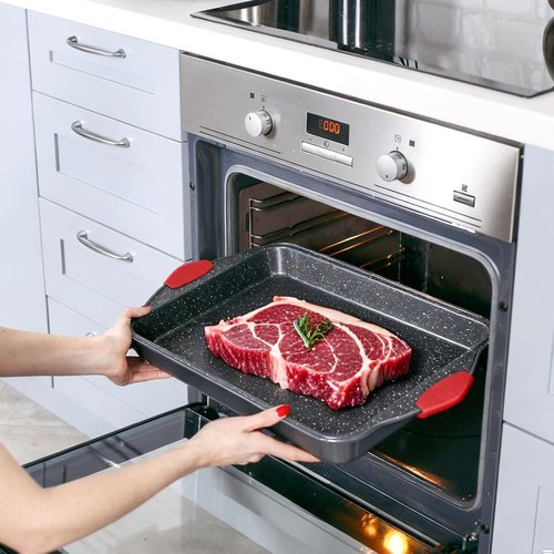 Anveena Nonstick Kitchen Oven Baking Pans - Premium Commercial Grade Bakeware with Red Silicone Handles | 3-Piece Set