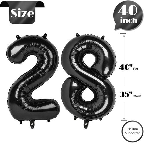 Black Number 28 Balloon 40 inch, 28 Number Balloons, 28th Black Birthday Decorations for Women Men, 28 Year Old Black Party Supplies