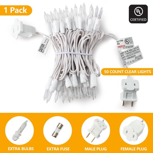 Christmas Lights Clear White 50 Count, 13ft Incandescent Mini Lights String Plug in Warm White with White Wire for Mantle Christmas Tree Indoor Outdoor Xmas Wedding Party Decorations