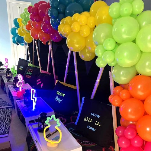 141 Pcs Rainbow Neon Balloon Arch Kit, Hot Pink Lime Green Orange Slate Blue Yellow Latex Hawaii Summer Tropical Balloon Garland for Hawaiian Luau Aloha Birthday Baby Shower Pool Party Decorations