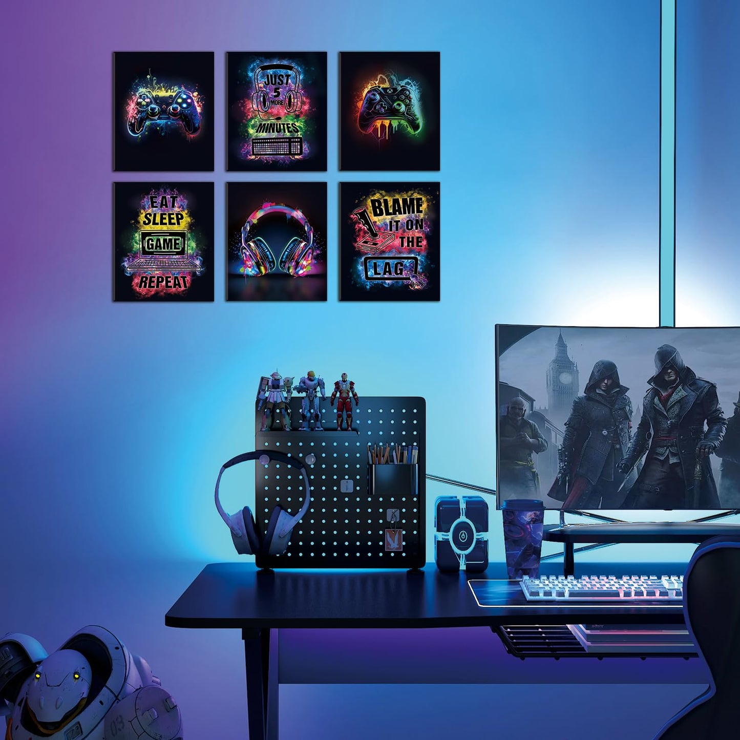 HPNIUB Gamer Room Decor for Boys, Video Game Wall Art Graffiti Gamepad Earphone Canvas Poster, Set Of 6 Piece (8x10inch,Framed) Gaming Picture for Teenage Boy Room Decororations