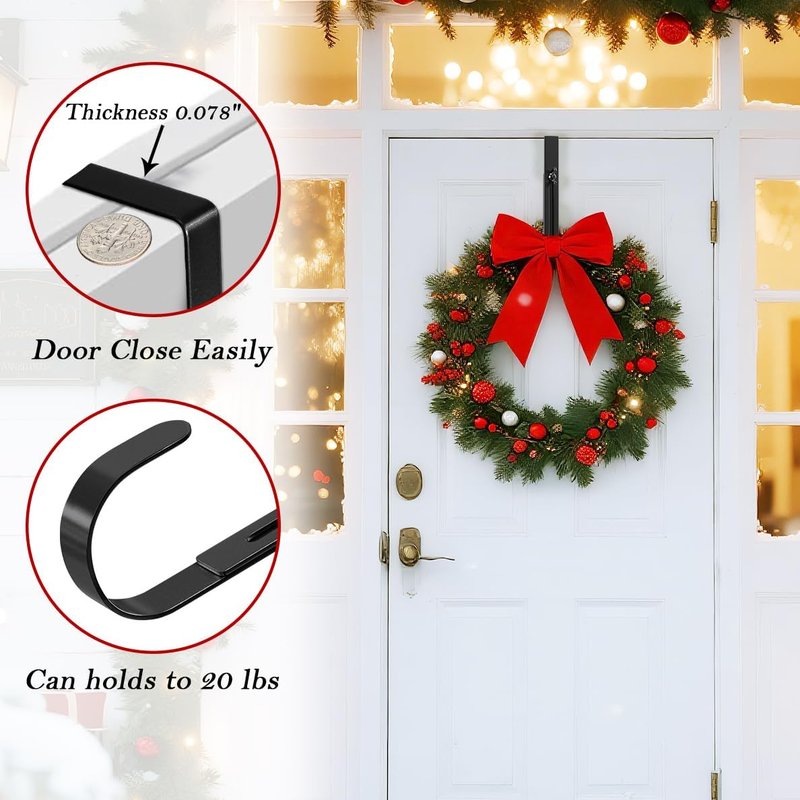Metal Wreath Hanger for Front Door, Adjustable Wreath Hanger from 12-20", Single Hook, Heavy Duty, Holds up to 20 lbs, Over-the-Door Hook for Hanging Easter, Halloween, Fall, Christmas Decorations