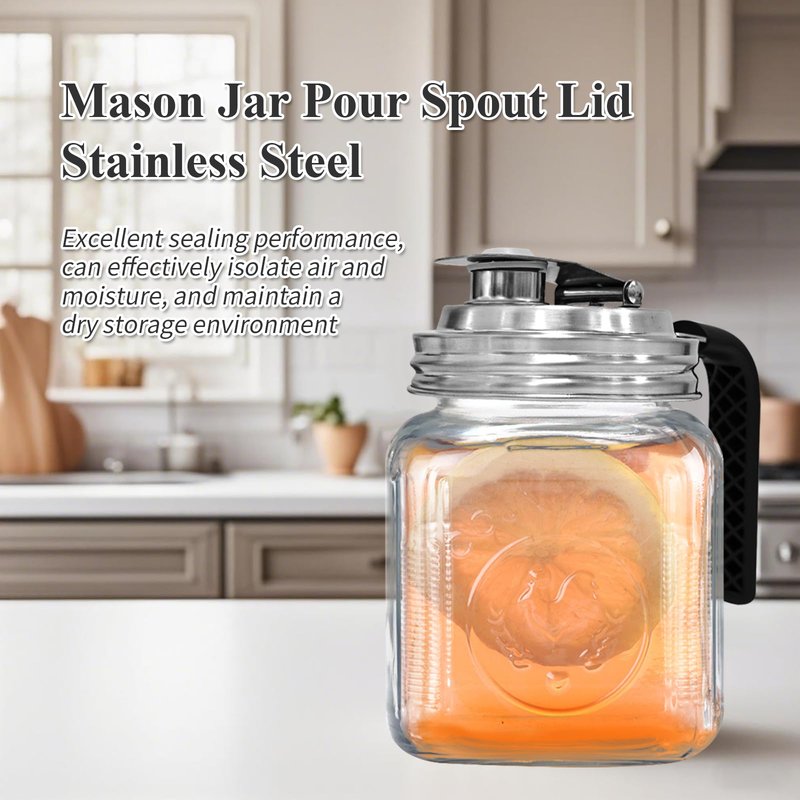 2PCS Mason Jar Pour Spout Lid Stainless Steel with Handle,Wide Mouth Pour Spout Flip Cap Lids for Mason Jars, Reusable Mason Jars Lid,Leak Proof Seal, for Drinking Salad Dressing & Food