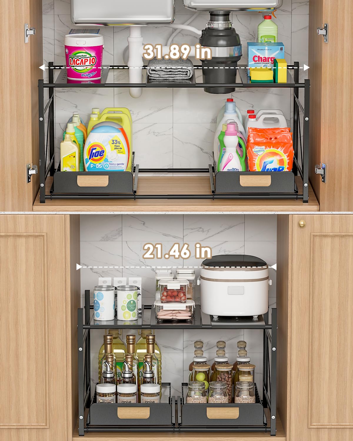 REALINN Extendable Under Sink Organizer, 2 Tier Expandable Under Cabinet Organizer Shelf with Height Adjustable, Retractable Cabinet Storage, Black