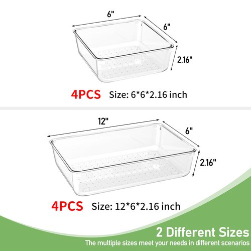 DUHARS 8 PCS Clear Plastic Drawer Organizer Tray, Acrylic Vanity Bathroom Drawer Organizers Trays, Desk Drawer Organizer Bins for Cosmetic, Makeup, Kitchen, Office, Junk Drawer Divider Organization