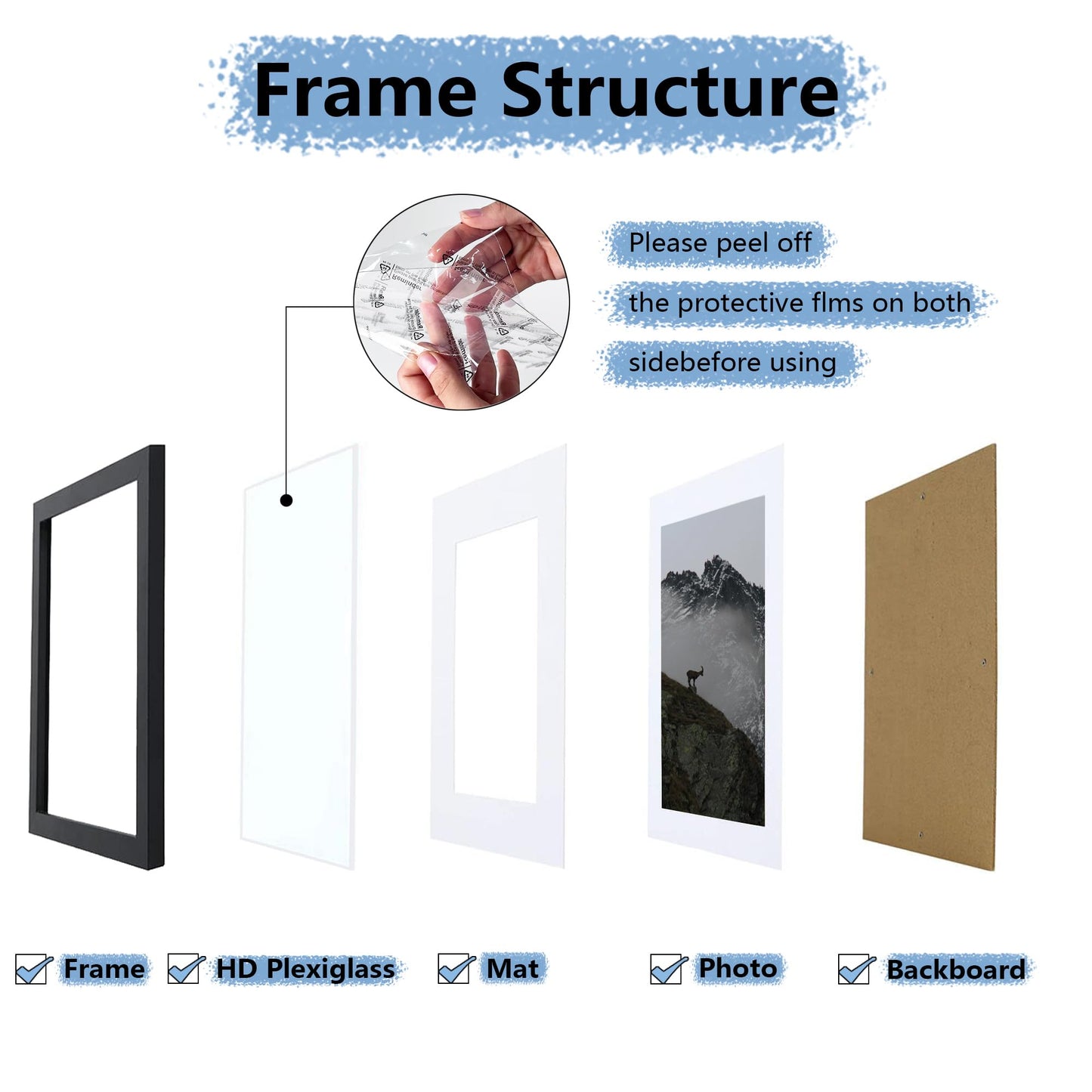 Picrit 12x12 Picture Frame Set of 7, Display 8 x 8 with Mat or 12 x 12 Without Mat, Photo Frames for Wall Mounting Display, Black.