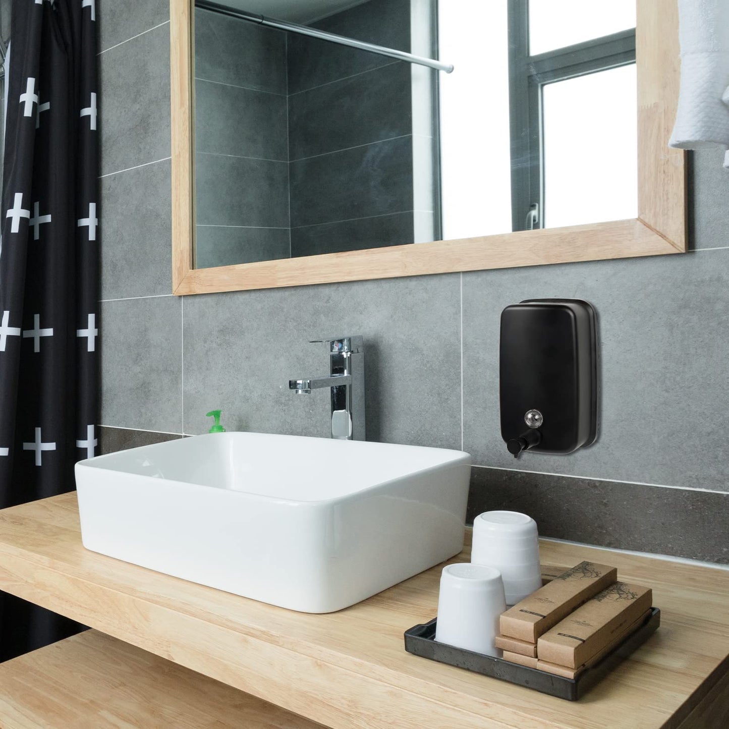 WEWBABY Soap Dispenser Wall Mount, 1000ml/33.8 fl.oz Bathroom Wall Mounted Soap Dispenser Black Metal Wall Soap Dispenser for Kitchen Restaurant
