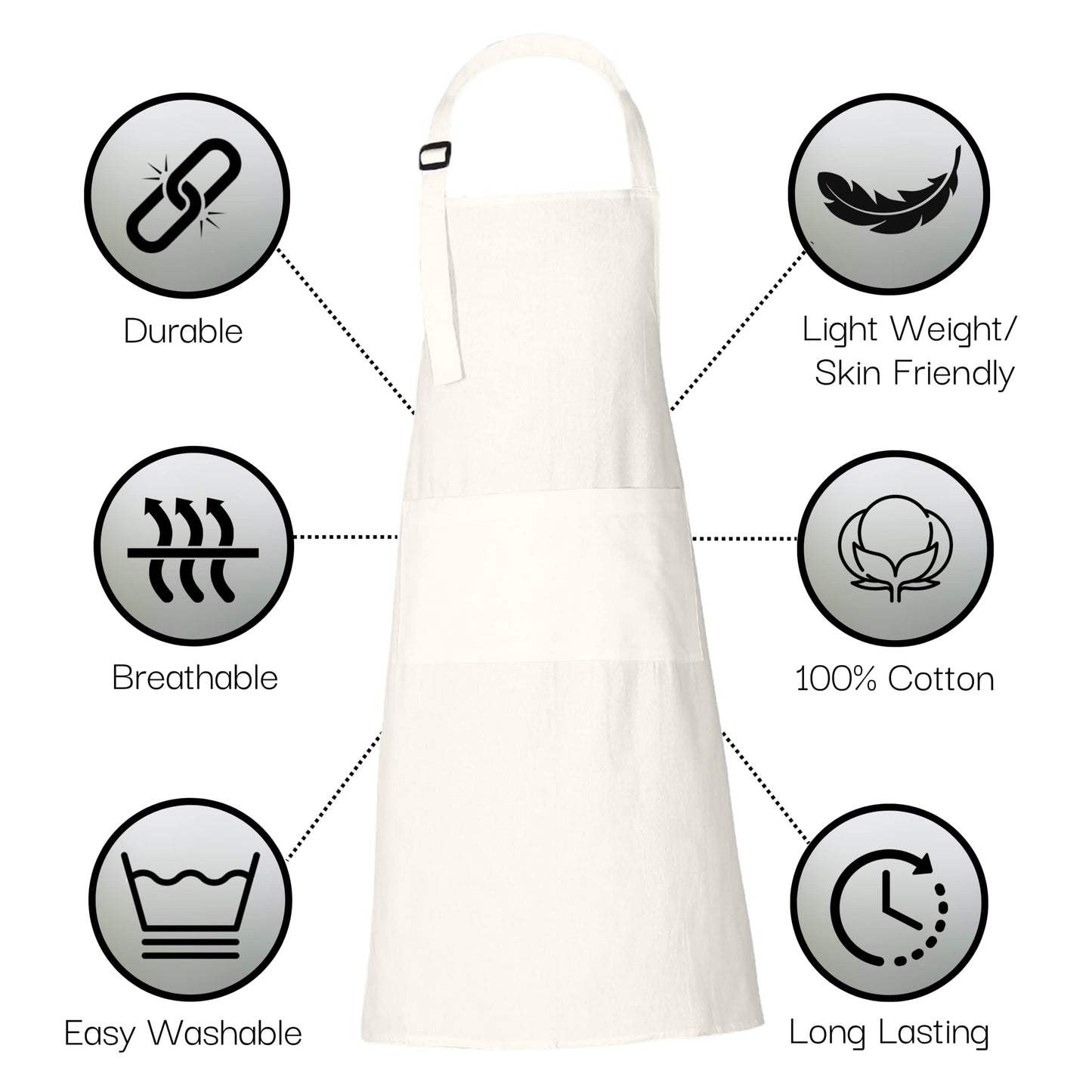 RAJRANG Chef Apron for Women Men with Pockets Cotton Kitchen Cooking Full Length Plain Aprons Marshmallow 35x27 Inches Pack of 5