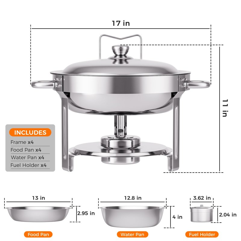 CAMMOO Silver 4 Pack Chafing Dishes for Buffet, 18/8 (304) Stainless Steel Food Pan with Lid, 6QT Round Chafing Dish Buffet Set Food Warmer, Food Warmers for Parties Buffet Catering Events Dinners