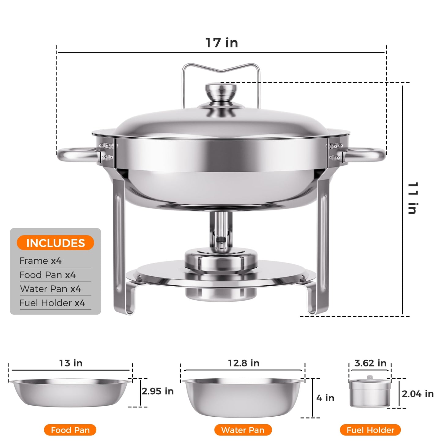 CAMMOO Silver 4 Pack Chafing Dishes for Buffet, 18/8 (304) Stainless Steel Food Pan with Lid, 6QT Round Chafing Dish Buffet Set Food Warmer, Food Warmers for Parties Buffet Catering Events Dinners