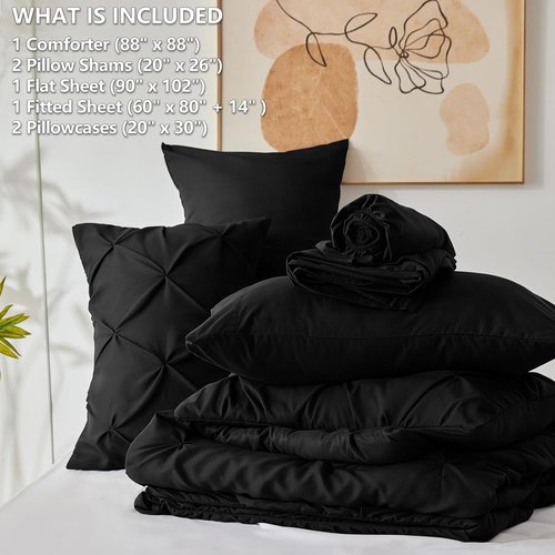 CozyLux Queen Comforter Set - 7-Piece Pintuck Bedding in Black | Premium Queen Size with Sheets & Pillowcases