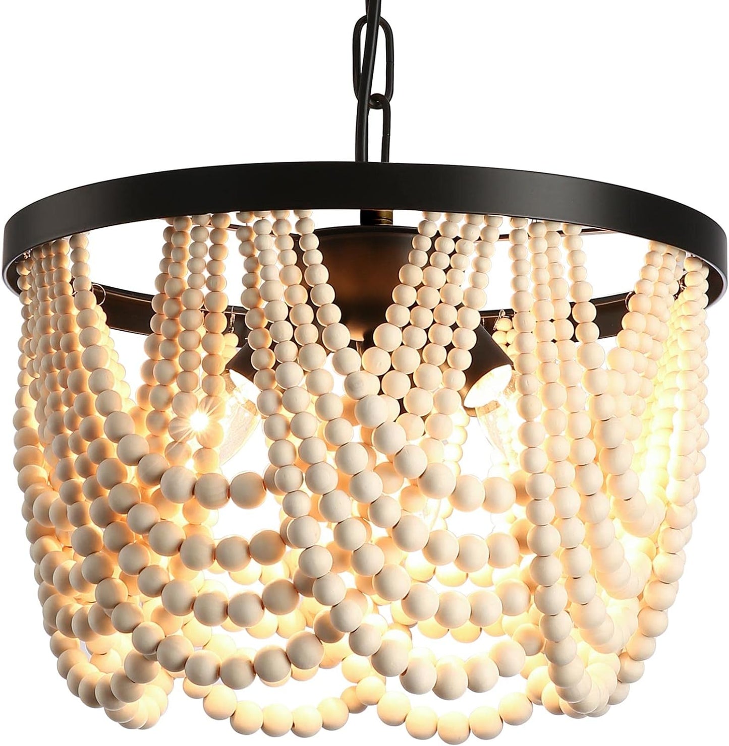 Farmhouse Boho Flush Mount Ceiling Light,3-Light Wood Bead Chandeliers,Black Metal Bohemia Hanging Pendant Lighting,Small Chandelier for Bedroom,Living Room,Entryway,Hallway