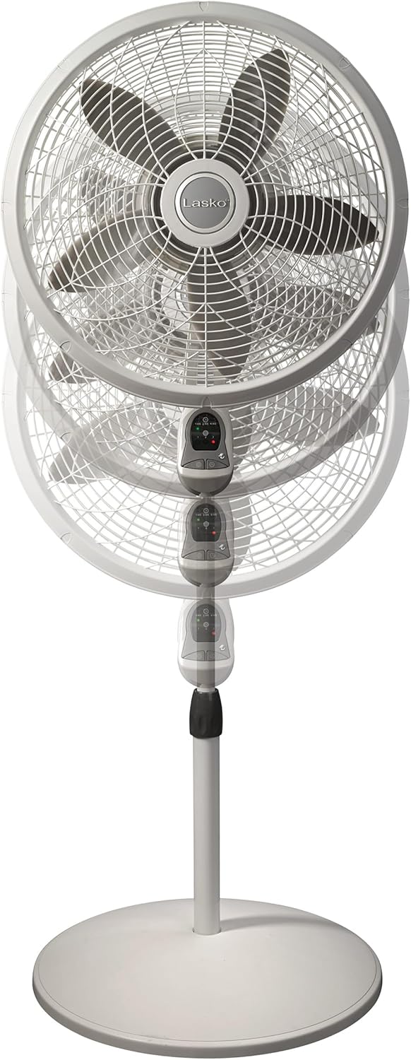Lasko Elegance and Performance Pedestal Stand Fan, 3-Speeds, 90 Degree Oscillation, Adjustable Height, Timer, Remote for Indoor, Bedroom, Living Room, Home Office, Dorm Use, 18 Inch, White, 1850