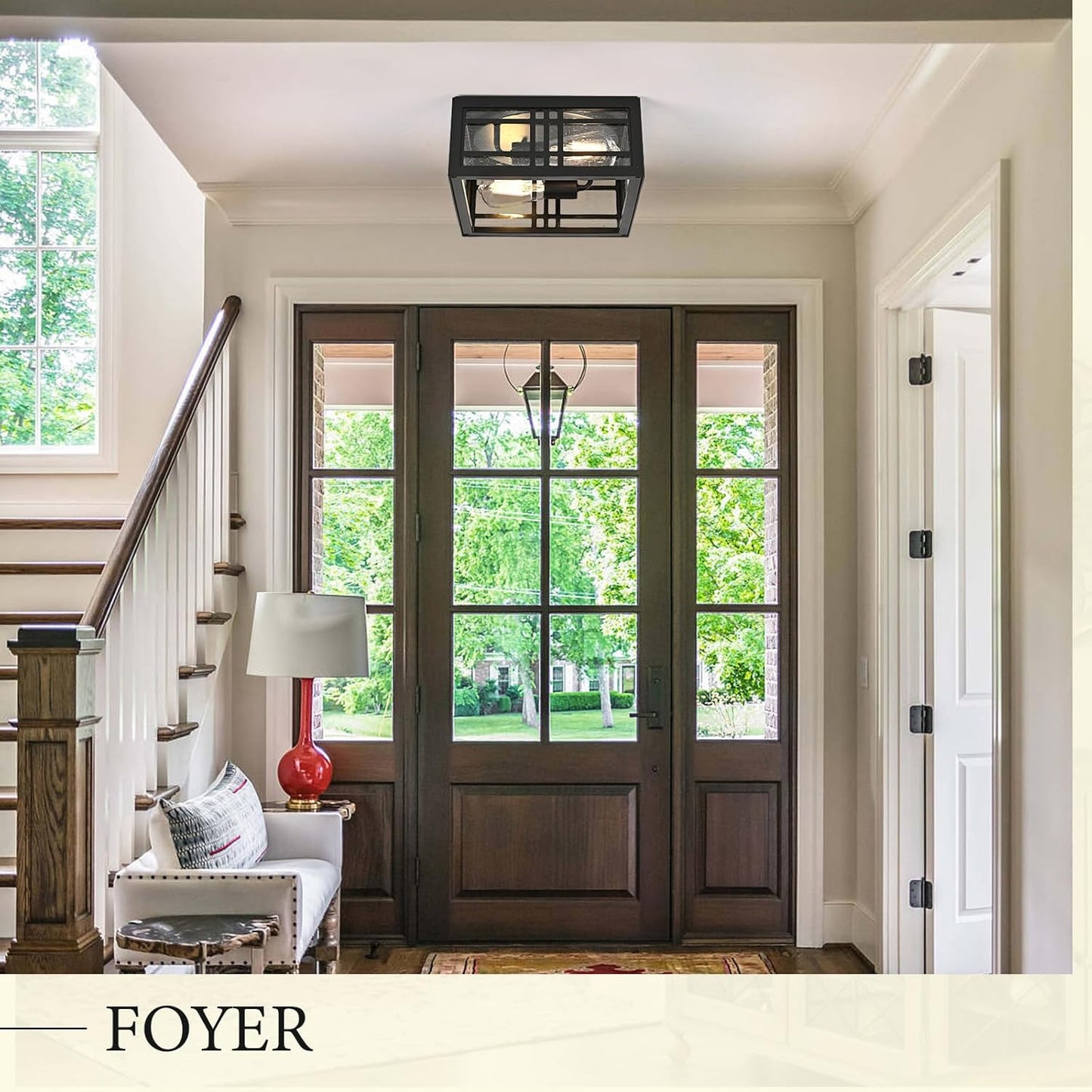 Farmhouse Ceiling Light Fixture Black 2-Light with Clear Glass, Square Flush Mount Ceiling Light for Hallway Kitchen Bedroom Porch