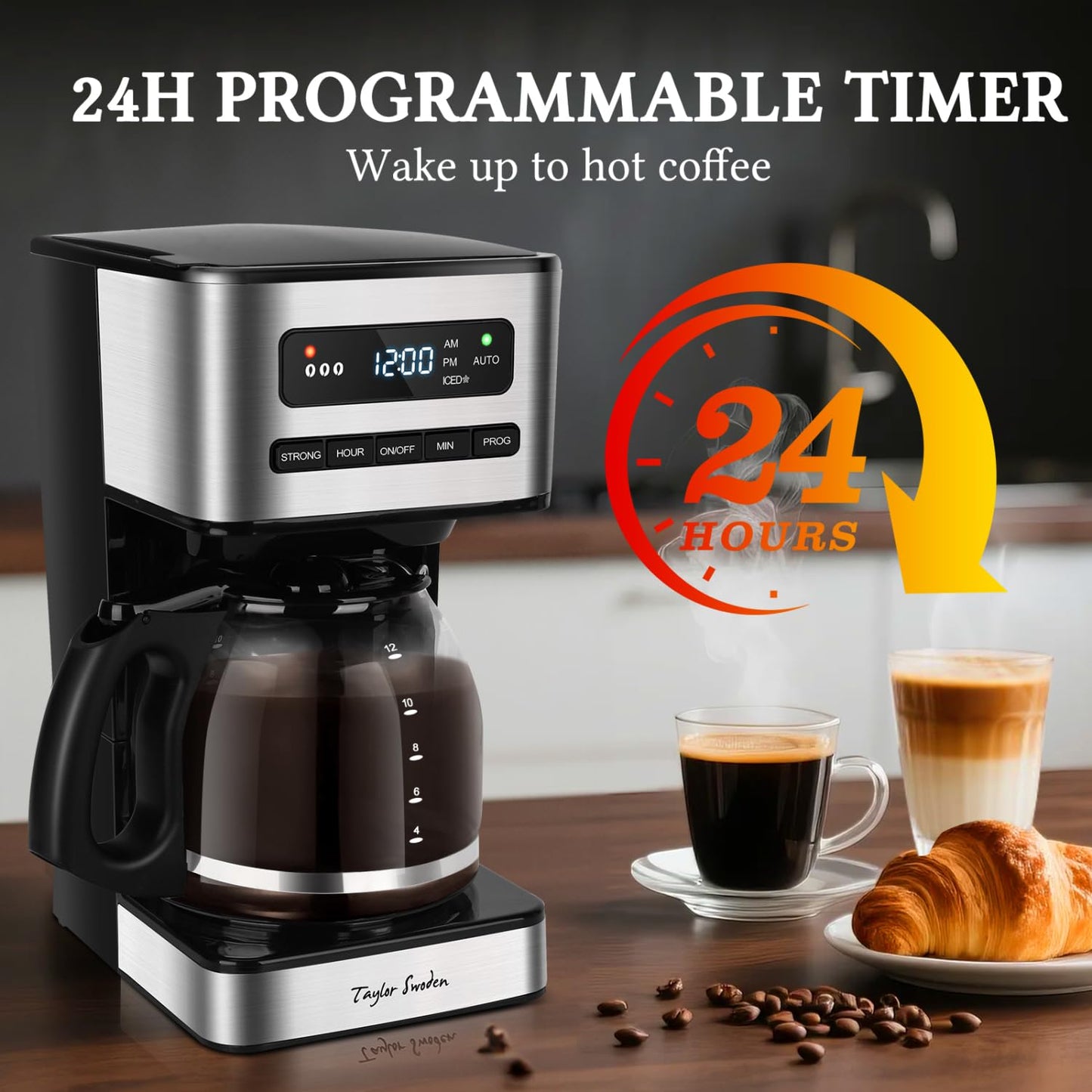 Taylor Swoden Programmable Coffee Makers 12 Cup, Hot and Iced Coffee Maker, 4 Brew Strength, LED Display, 24H Timer, Keep Warm&Auto Shutoff- Drip Coffee Machine for Home/Office, Black &Stainless Steel