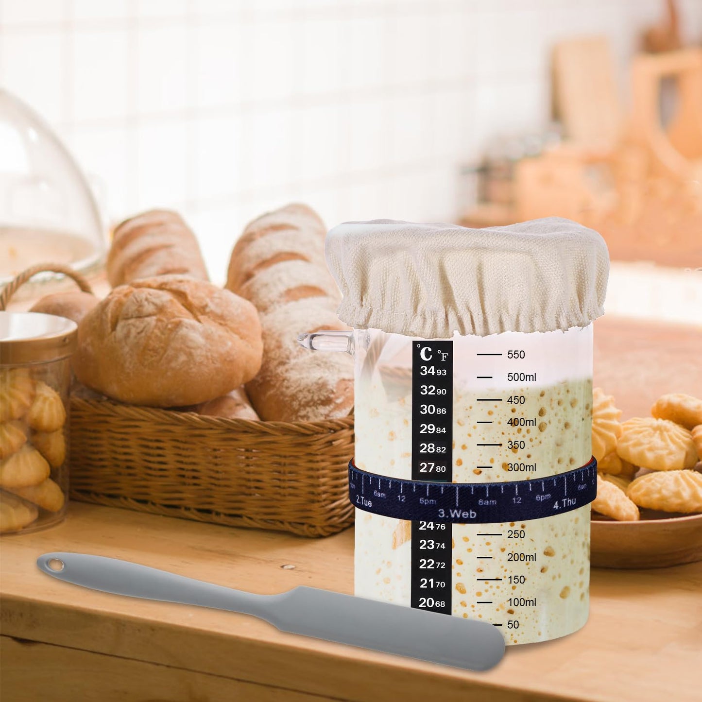7pcs Replacement Set for Sourdough Starter Jar, Sourdough Starter Kit with Cloth Cap Silicone Spatula Date Band Temperature Paper for Yeast Bread Baking Supplies